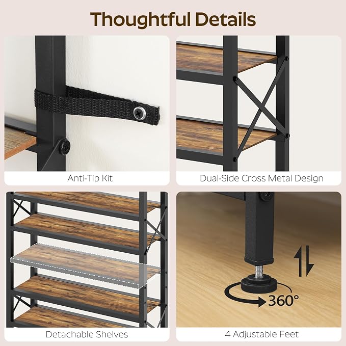 YATINEY 12-Tier Tall Shoe Rack Organizer, Wooden Shoe Storage for Closet Holds 48 Pairs, Sturdy Shoe Shelf with X-Shaped Metal Support, for Entryway, Bedroom, Rustic Brown and Black SS212BR
