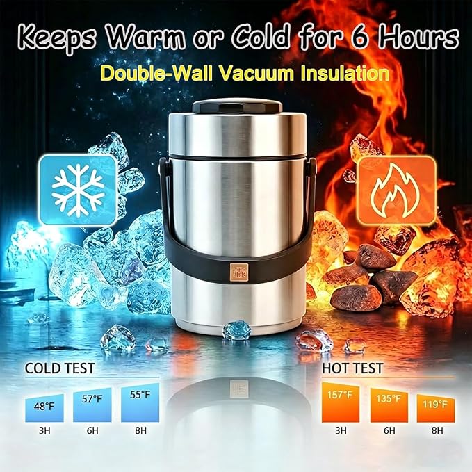 67 oz Stainless Steel Vacuum Insulated Food Jar, 3-Layer Stackable Design | Sealed Leak-Proof Wide Mouth Portable,Suitable for Daily Office Meals and Outdoor Meals (Silver)