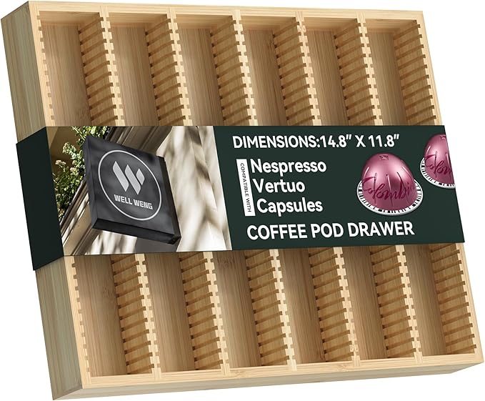 for Nespresso Vertuo Capsules Bamboo Coffee Pod Drawer Organizer | 14.84" Wx11.81" Dx1.54" H 48 Big or 60 Small Pods Holder for Counter
