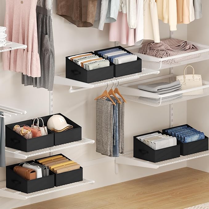 DIMJ Trapezoid Storage Bins for closet shelves, Closet Organzier Bins with Handle, Foldable Closet Storage Bins Basket, Closet Organizers and Storage for Toys, Books, 6 Packs, Black