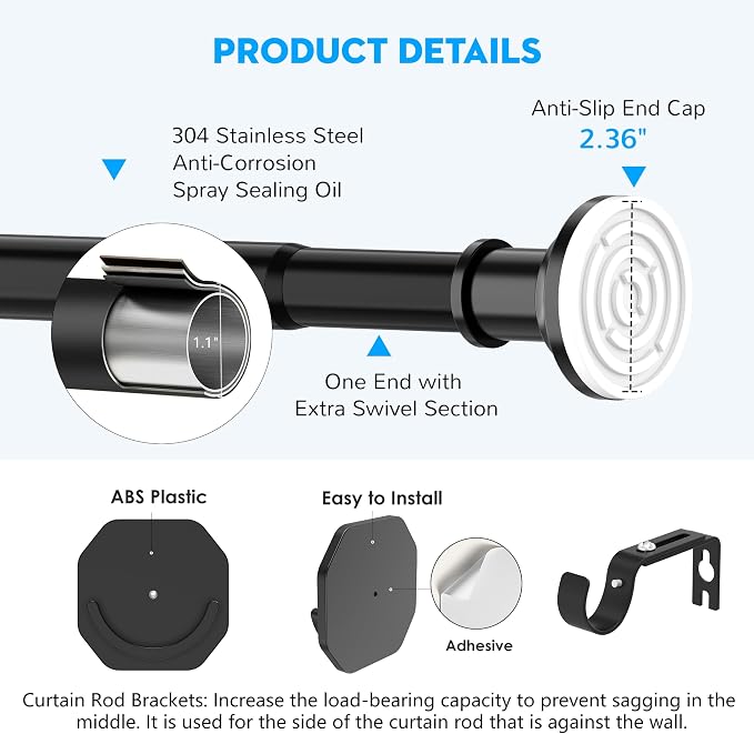 Outdoor Tension Rods No Drilling Patio Long Shower Curtain Rod 40-120 Inch | 10FT Tension Curtain Rod,Heavy Duty,1.1 Inch Thick Diameter,Spring Adjustable,No Rust,Bathroom,Windows,Black