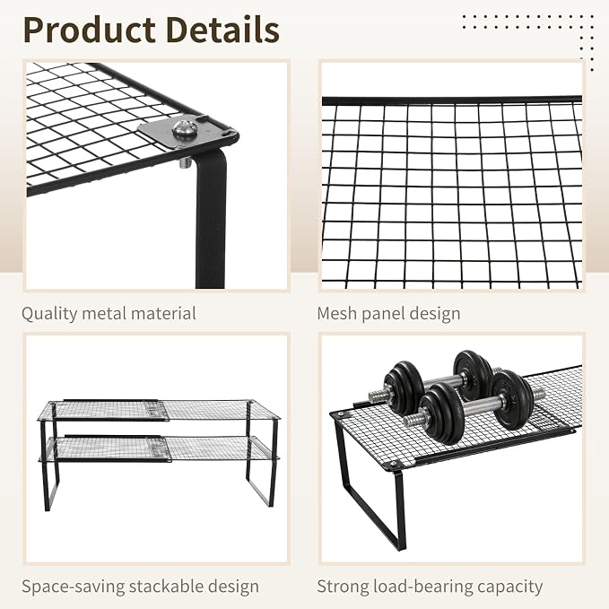 Expandable Kitchen Cabinet Organizer, Stackable Metal Storage Shelves, Adjustable Spice Rack, Shelf Riser, Ideal for Kitchen Cabinet, Pantry, Bathroom & Office Storage (Black)