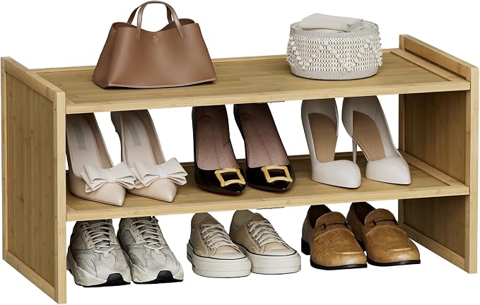2 Tier Bamboo Shoe Rack, Compact Wood Shelf for Closet | Fits small corners. 6.7in height holds sneakers & heels. Multi-use for entryway, bathroom, kitchen.