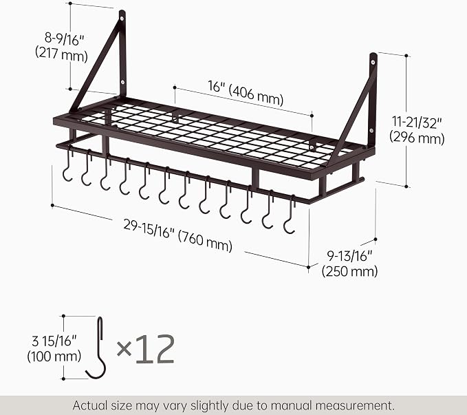 KES 30-Inch Wall Pot Rack, Oil Bronze, 88lb Capacity, 12 Hooks, Farmhouse | Cast Iron Pots and Pans Organizer, Reinforced Grid Shelf, Stud Mounting, Indoor Kitchen Organizer