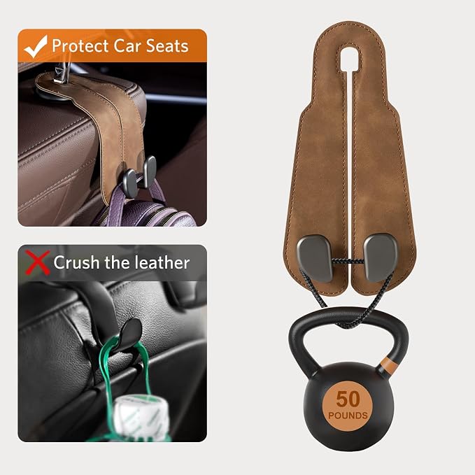 CoBak Purse Hook for Car - Universal Premium Stitched Leather and Aluminum-Magnesium Alloy Double Car Seat Back Storage Hook for Purses, Handbags, Bags (2 Pack),Brown
