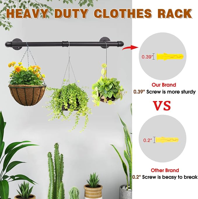 Wall Mounted Clothes Rack - 36" Industrial Pipe Clothing Garment Rack, Space - Saving Heavy Duty Detachable Black Iron Clothes Organizer, Multi-Purpose Hanging Rod for Closet Storage, 2 Base