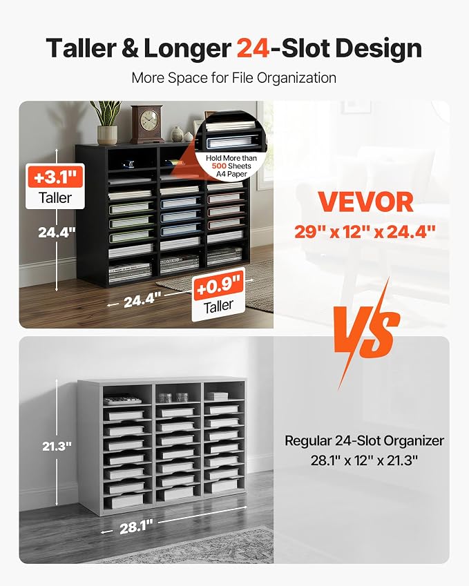 VEVOR Literature Organizers, 24 Compartments Office Mailbox with Adjustable Shelves, Wood Literature Sorter 29x12x24.4 inches for Office, Home, Classroom, Mailrooms Organization, EPA Certified Black