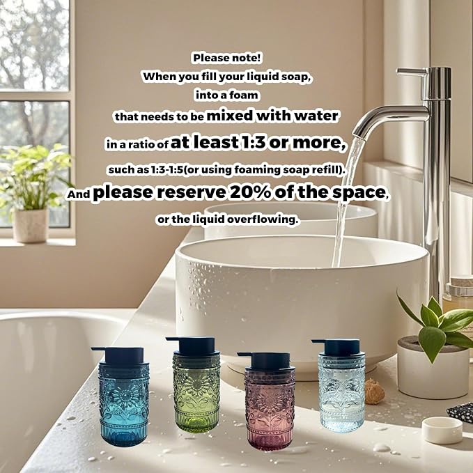 Foaming Hand Soap Dispenser,Vintage Glass Soap and Lotion Dispenser for Bathroom,Kitchen Dish Soap Dispenser with Silver Foam Pump,Cute Farmhouse Antique Decor (Blue+Foam Pump)