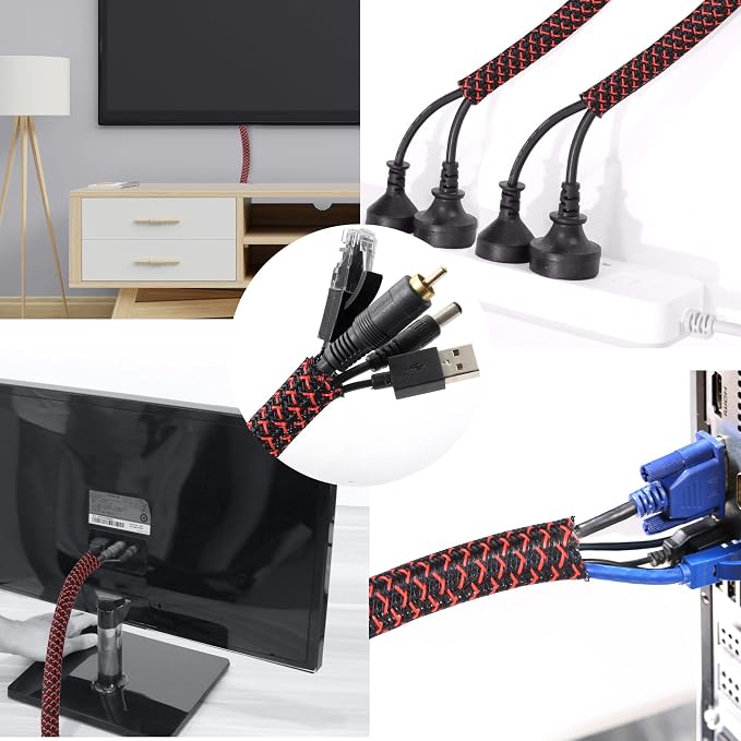 Cable Management Sleeve, Split Design, 25FT - 1/2 Inch, Black/Red | Cord Protectors from Pets | Heat & Abrasion Resistant Wire Loom | Automotive Wiring & Home Office Cable Organization