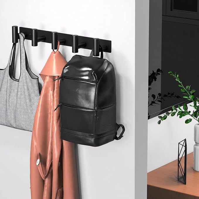 Wall Mounted Coat Rack-5 Hooks, Heavy Duty Stainless Steel Hook Rail for Towel Coat Hat Purse Bag Jacket, Towel Hooks for Entryway Bathroom Kitchen (Black 5 Hooks - 1 Pack)