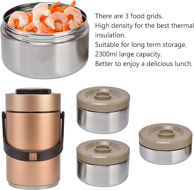 Qiilu Food Flask 2L Termos Para Comida Caliente 24 Horas 304 Stainless Steel 2.3L Vacuum Lunch Box 3 Layers Prevent Leakage Insulated Container For Work Travel (Gold)