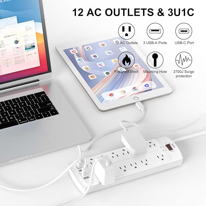 6 Feet Extension Cord Power Strip, Yintar Surge Protector with 12 AC Outlets and 4 USB Ports, 2700 Joules, ETL Listed, White