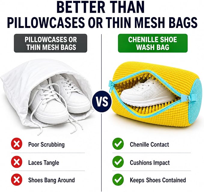 Shoe Washing Machine Bag 2 Pack with 2 Dust Bags for Washer Dryer | Chenille Microfiber Lining, 17 x 7.5 inch Cylindrical Shape, Auto-Lock Zipper, Foldable Yellow Laundry Wash Cleaner Pouches