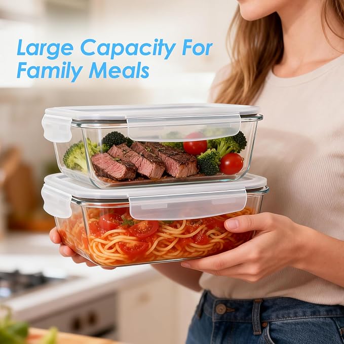 2 Pack 78 Oz / 9.8 Cups Large Glass Food Storage Containers with Lids, Borosilicate Glass Meal Prep & Baking Containers, Airtight Leakproof, Microwave Oven Freezer Dishwasher Safe, BPA Free