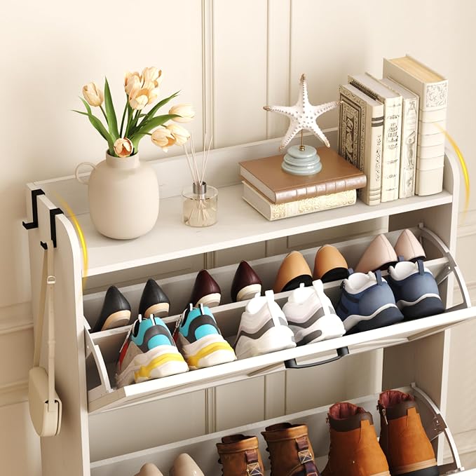 HOMEFORT Shoe Storage Cabinet for Entryway, Slim Shoe Organizer with Two Flip Drawers, Narrow Shoe Holder with Wood Legs, Farmhouse Hidden Shoe Cabinet for Front Door Entrance,Antique White