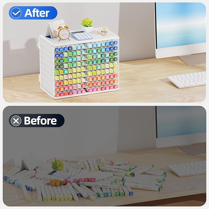 Marbrasse Mesh Marker Organizer, 9-Tier Rack Holds 126 Markers, White | Marker Holder, Space-saving Vertical Design, Desktop Storage for Office Classroom & Home Art Supplies