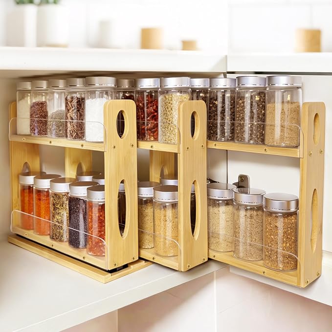 Spice Organization for Cabinet, Kitchen Pull Out Spice Rack Organizer | Bamboo Slide Out Seasoning Pantry Sliding Vertical Organizers, 7.6" Wide, 3 Drawers(2" Wide), 2 Tiers, Assemble Needed