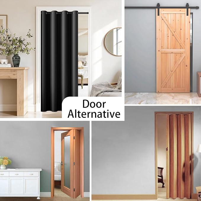 Vatge Magnetic Door Curtain with Rod - W42 x L80, 1 Panel, Black, Thermal Insulated Blackout Curtain for Room Darkening, Temporary Doors for Privacy