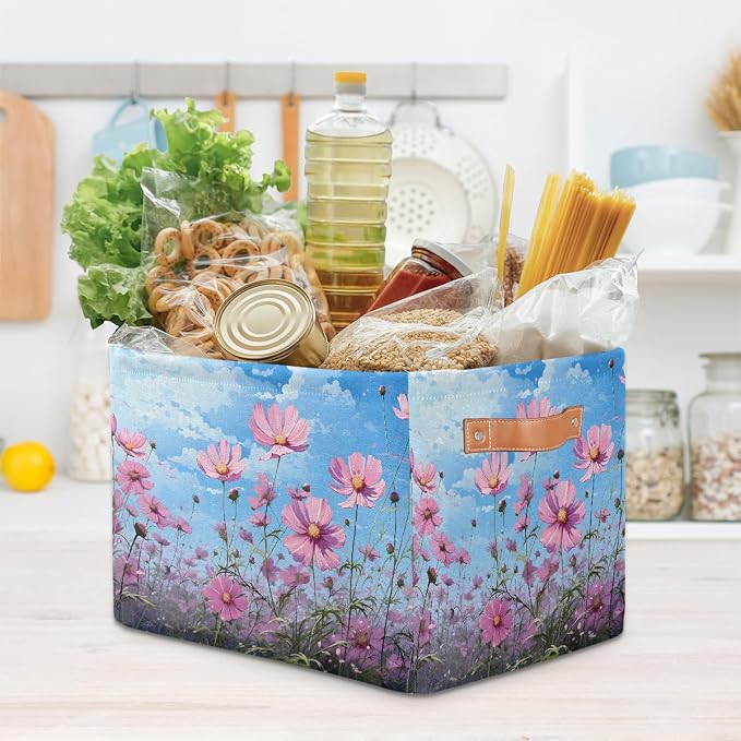 Rectangular Storage Baskets Beautiful Pink Flowers Fabric Storage Bin Toy Organizer Box with PU Leather Handles for Room Decor