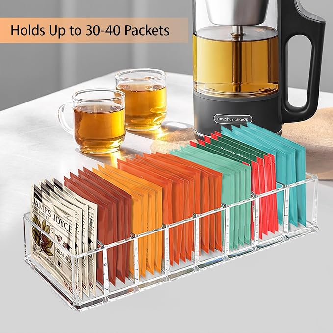 Tasybox Tea Bag Organizer, Tea Holder, Tea Organizers and Storage, 2 Pack | Acrylic Tea Organizer, Clear Tea Bag Holder, 8 Slot Tea Bag Storage Container for Drawer, Pantry, Kitchen, Cabinet Countertop