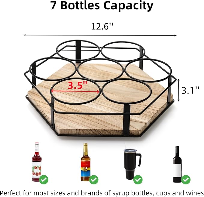 Cididu Rotating Coffee Syrup Organizer 7 Bottles, Coffee Syrup Rack Stand for Countertop, Tumbler Bottle Storage Holder, Turntable Wine Display Lazy Susan Tray for Coffee Bar Station, Kitchen, Pantry
