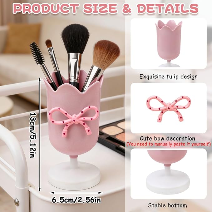 Tulip Pen Holder for Desk Cute Plastic Pencil Organizer Makeup Brush Cup Holders with Adhesive Bow, Teachers Gifts Back To School Office Accessories (Pink)