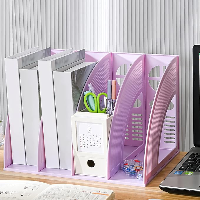 Marte Vanci Magazine File Holder Vertical PP Folder Book Desktop Organizer Plastic Storage Sturdy Vertical 4 Section Folder (Purple)