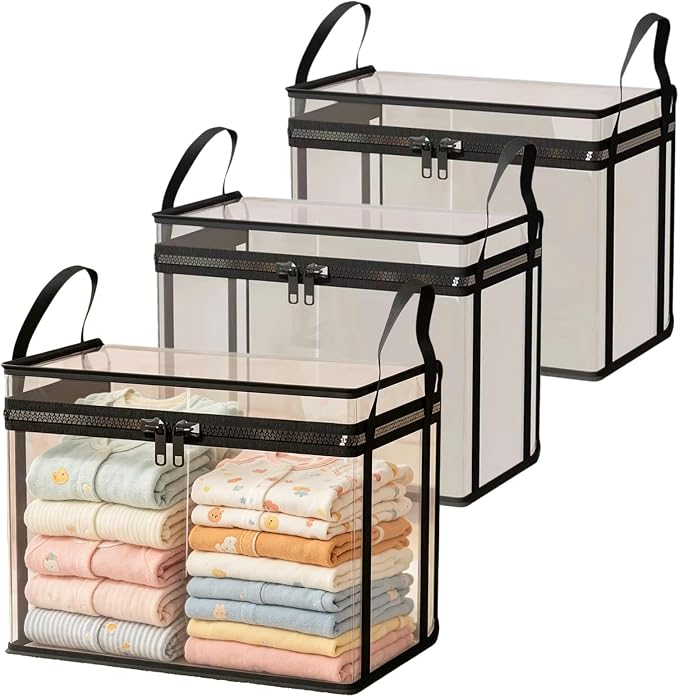 Large Clear Thick Plastic Storage Box with Hinged Lid, Heavy-Duty Durable High Capacity Organizer, Foldable Storage Box,Perfect for Home, Camping, Travel, Attic & Moving (Black-L-3)