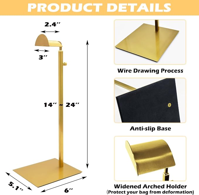 Royxen 3 Pack Purse Holder, Purse Display Stand with Adjustable Height, Bag Stands for Display, Stainless Steel Purse Rack for Bags Organizer (Gold)