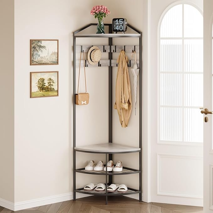 GiftGo Grey Corner Hall Tree with Shoe Bench Entryway Coat Rack with 10 Metal Movable Hooks Rustic Farmhouse Floorstanding Clothes Rack Shoes Shelf Organizer for Home Office Bedroom (Greige)