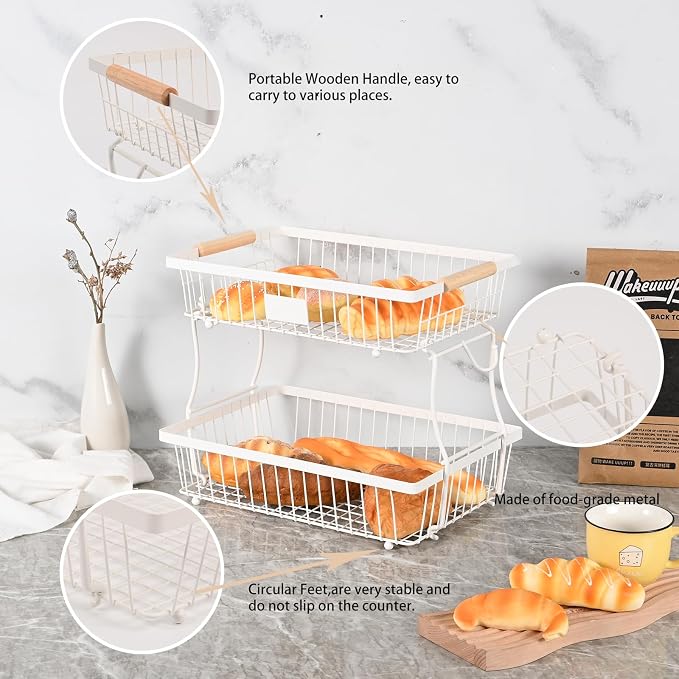 2 Tier Detachable Fruit Basket Bowl with 2 Banana Hangers, Fruit Stand Holder for Kitchen Countertop, Metal Wire Vegetable Storage Organizer, for Bread Snack Veggies Produce, White