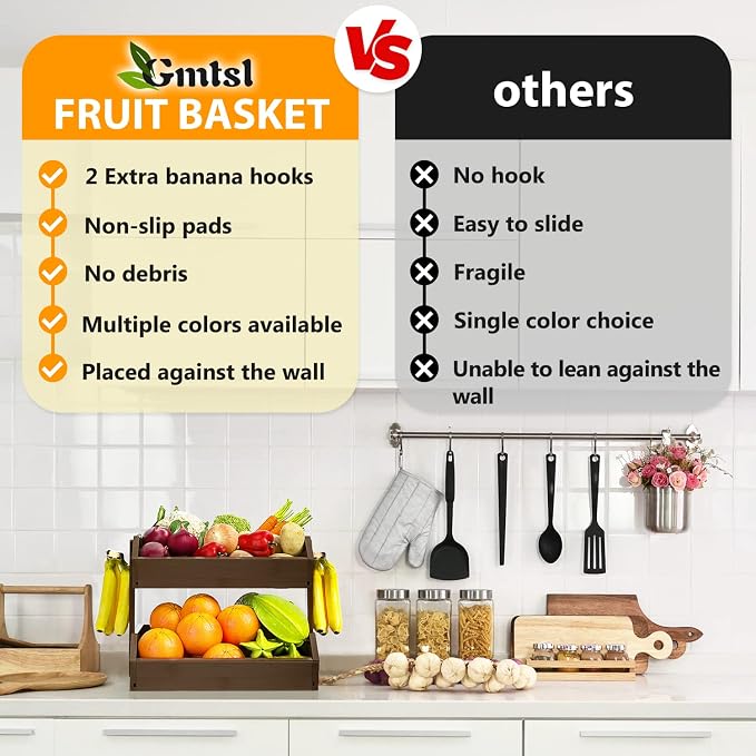 Gmtsl Bamboo Fruit Basket for Kitchen, Fruit Holder for Kitchen Countertop | 2 Tier Fruit bowl for Kitchen Counter, Fruit Stand, Vegetable Basket Storage, Produce Organizer, Bread Snack Display(WALNUT)