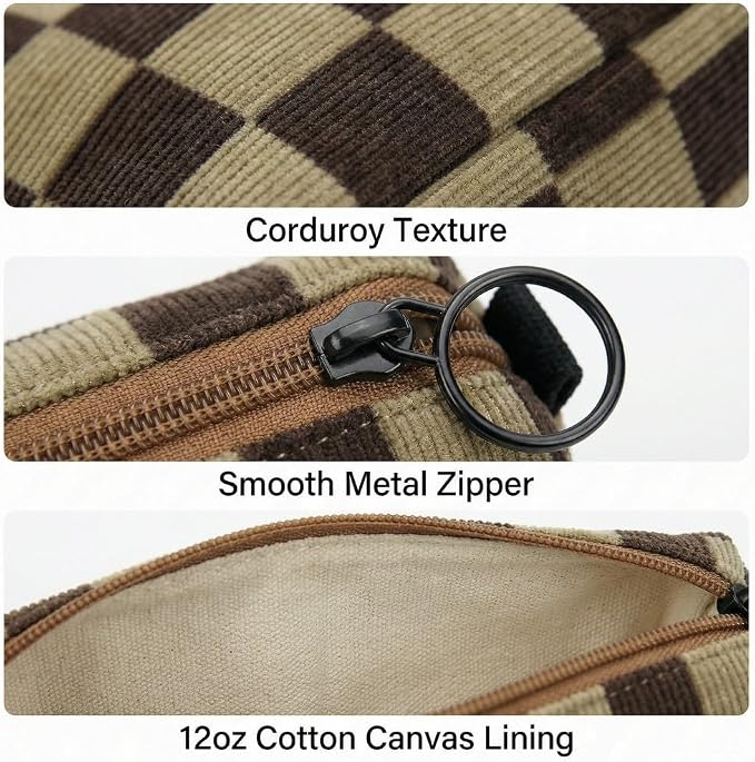 Soft Corduroy Pencil Case Pen Pouch Organizer, Small Stationery Bag | Cute Dark Brown Checkerboard pouch, smooth zipper, daily cosmetics holder, compact organizer for school teen girls, women