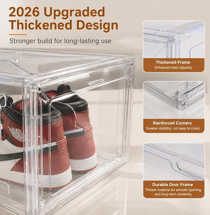 Clear Shoe Storage Box, 2026 2nd Gen Thickened Hard Plastic Stackable Organizer with Magnetic Door, Folding Shoe Rack for Closet, Large Sneaker Display Case for Sneakers and Ankle Boots,1 Pack