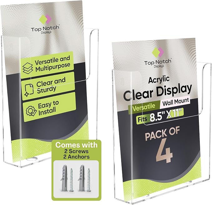 Acrylic Brochure Holder for Wall Mounting, Clear Display for 8.5" x 11" Flyers, Literature Holder for Magazines, Pamphlets, Menus, Includes Screws & Plastic Anchors – Pack of 4