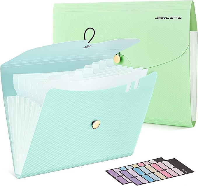JARLINK 7 Pockets Expanding File Folder, A4 Accordion folders,Blue & Green | Accordion File Folders with 12 Labels, Portable Document Organizer for Home, College, School, and Office Supplies
