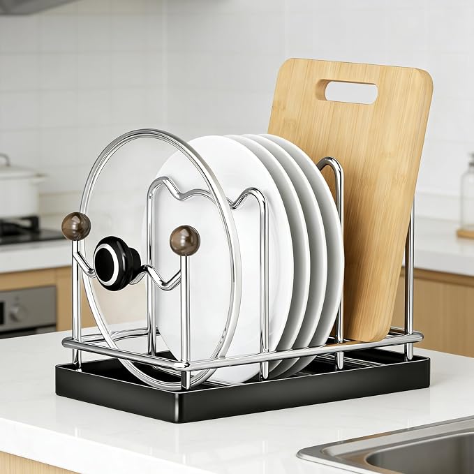 Pot Lid Organizer Cutting Board Holder with Removable Tray -Black | 3-Slot Kitchen Pot Lid Storage Rack Chopping Board Holder for Countertop, 8.2 x 5.1 x 7.2 in