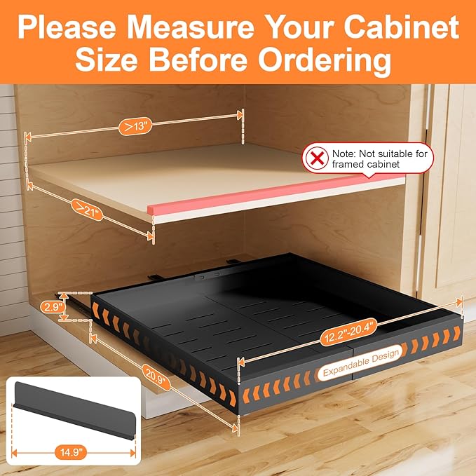 1 Pack Pull out Cabinet Organizer Expandable Width(12"-20") and 21"Depth, No Drill Adjustable Slide Out Drawers for Kitchen, Cabinets With 3 Slide Rails,Magnetic Panel, Adhesive Roll out Shelves