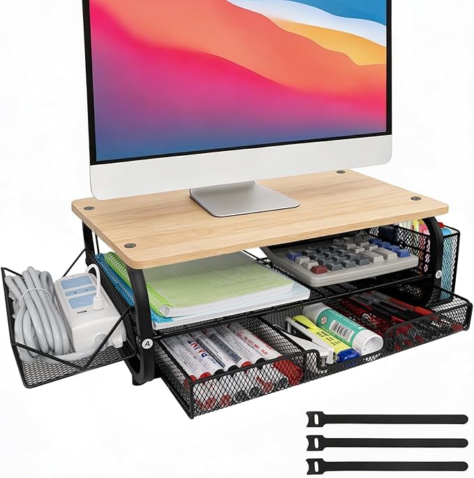 Desk Organizers and Accessories Monitor Riser, Monitor Stand with Drawer (2-Tier Drawers) with Large Side Storage Rack & Cable Management,66LBS/30KG, Office Organization, Oak