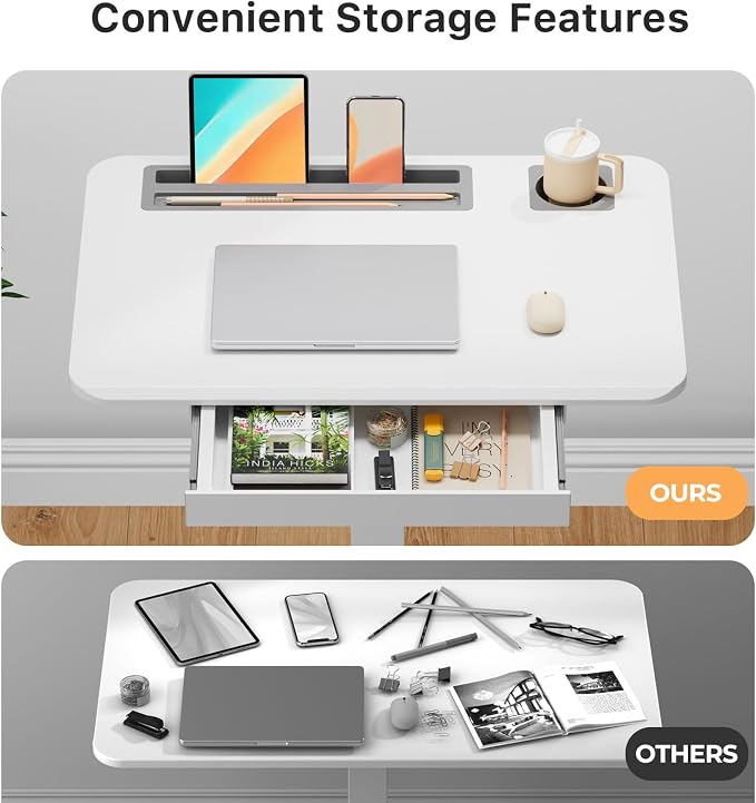 28" Mobile Standing Desk with Drawer, Portable Laptop Desk | Rolling Desk with Cup Holder & Hooks, Height Adjustable Computer Cart on Wheels for Classroom, Study Desk with Storage, White