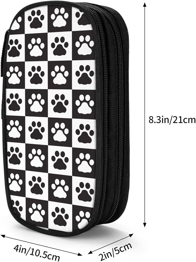 Perinsto Black And White Checkered Dog Paws Pencil Case Big Capacity Multi Compartment Stationery Box Pencil Pouch Holder Desk Organizer For School Office Home