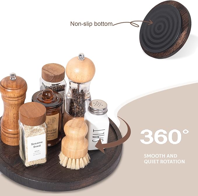 Wood Lazy Susan Turntable Kitchen Decor Round Table Tray, 10" Dark Brown | waterpoof, East clean, Non-slip, Pantry Table Decorative Tray for condiment, spice