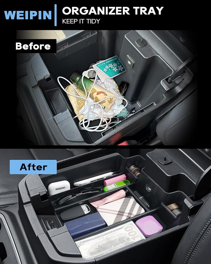 Silverado Sierra Center Console Organizer - Compatible with 2020-2022 Chevy Silverado/GMC Sierra 2500HD 3500HD Armrest - (Full Console w/Bucket Seats ONLY) - Black