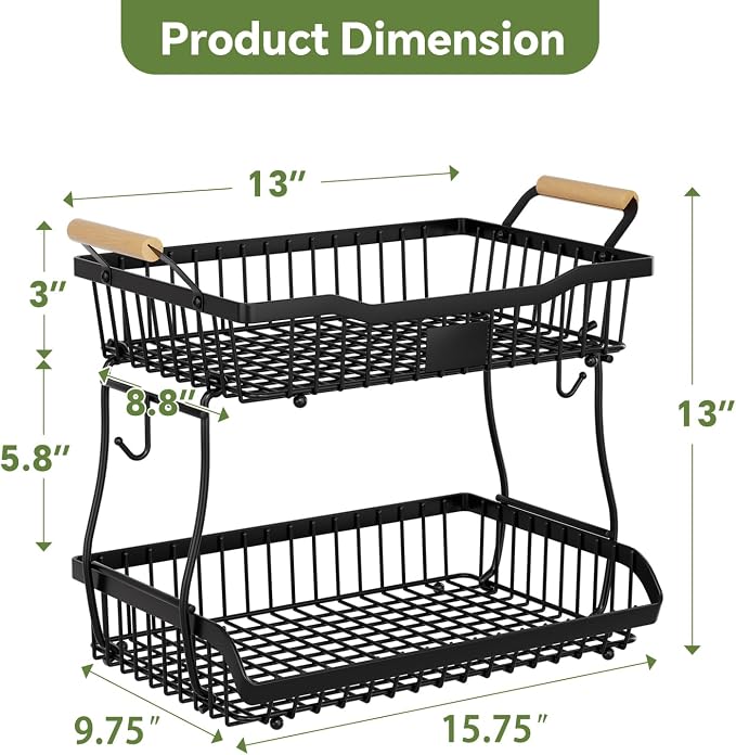 Simple Trending Fruit Basket 2-Tier Detachable, with Banana Hangers & Rust-Proof Metal Mesh, Ventilated Kitchen Organizer for Countertop, Perfect for Fruits, Vegetables, Snacks Storage