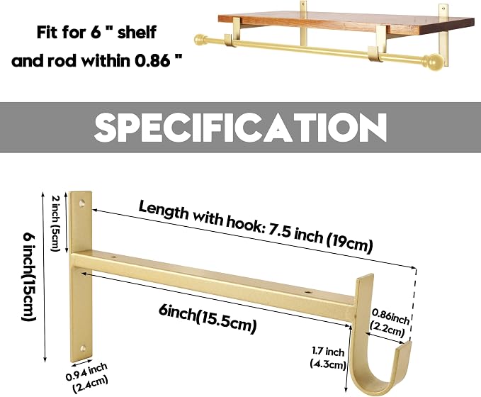 AddGrace Closet Rod Bracket Heavy Duty Shelf Brackets Gold 6 Inch 4 Pack | Fit for Closet Wardrobe Laundry Room and Kitchen, with Hook, Store Above and Hang Below, Supports 66 lbs, Easy to Install