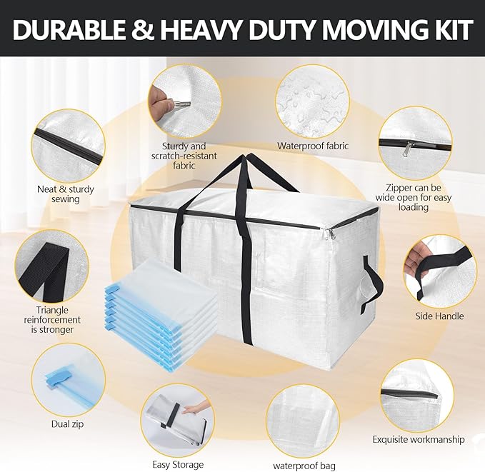 Extra Large Storage Bags Set Heavy Duty Moving Totes with Handles, Waterproof Dual-Way Carrying Design & Vacuum Space Bag,College Dorm,Christmas Decorations(4 Moving bag & 10 Vacuum Seal Bags)