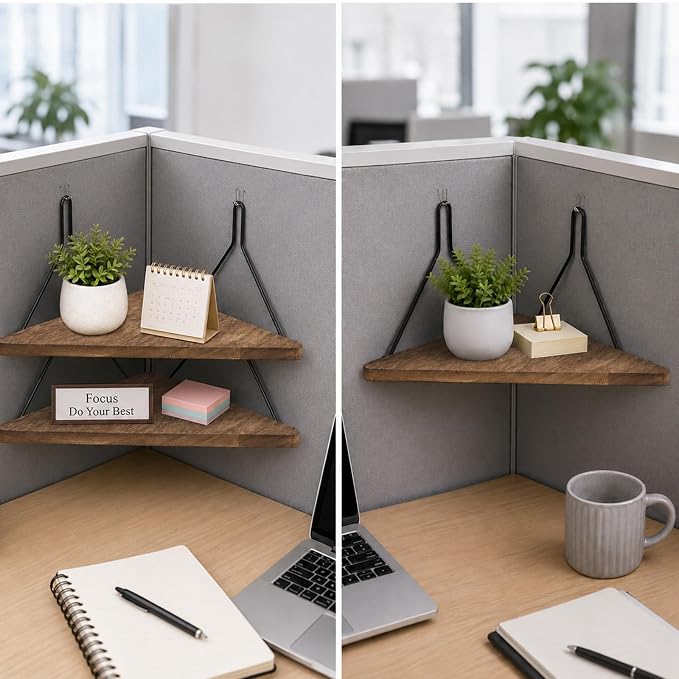 2PCS Fabric Wall Cubicle Corner Shelf with Hooks, Wooden Organizer