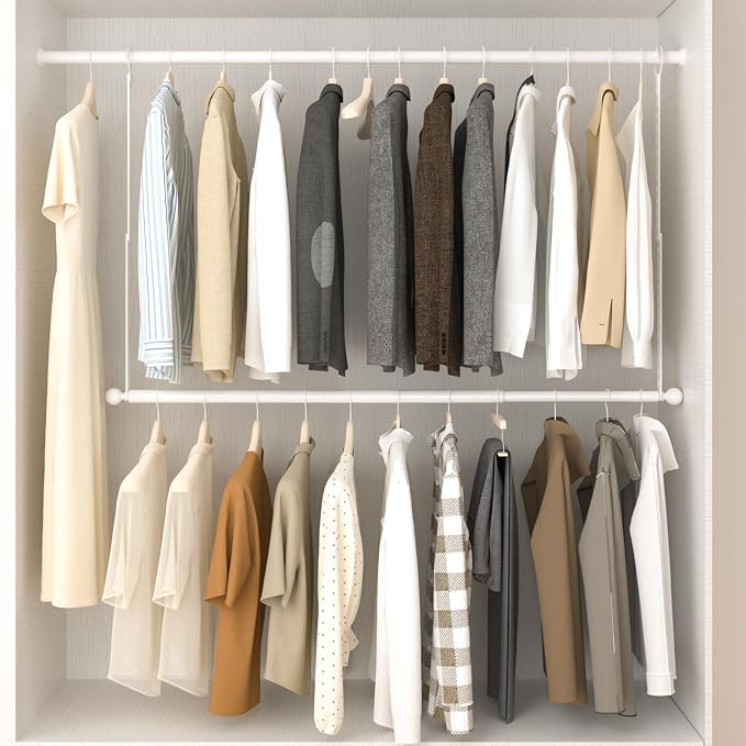 SUTINE Closet Rods for Hanging Clothes, Adjustable Closet Extender Hanging Rod, Space-Saving Closet Rod Extender Clothes Hanging Bar, Closet Poles for Hanging Clothes Organizer (White, 31.5-47.2 IN)