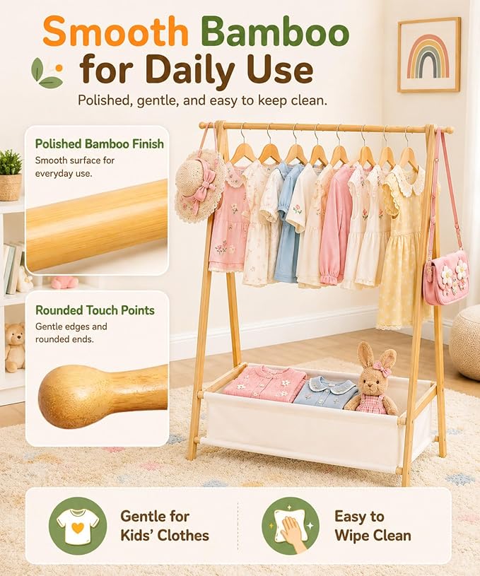 Homde Sturdy Kids Clothes Rack: 66 lb Capacity for Growing Wardrobe Needs | Hanging Rod Holds Clothes, Basket Stores Items Below - Helps Kids Build Tidy Habits - Angled Bamboo Side Frames Add Stability