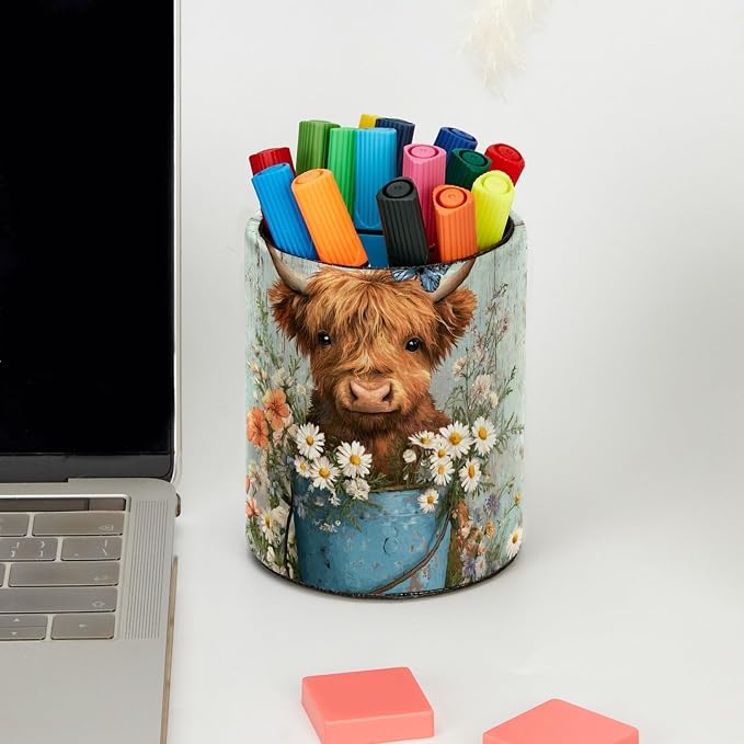 Faux Leather Pen Holder for Desk, Pencil Organizer Highland Cow and Bucket Pen Cup Desk Decor Makeup Brush Holder Storage for Office Home